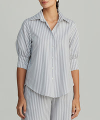 Grey Striped Cotton Tencel Short-sleeved Shirt