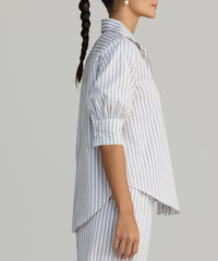 Grey Striped Cotton Tencel Short-sleeved Shirt