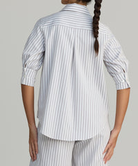 Grey Striped Cotton Tencel Short-sleeved Shirt