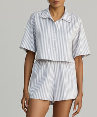 Grey Striped Cotton Tencel Cropped Bowling Shirt