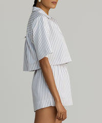 Grey Striped Cotton Tencel Cropped Bowling Shirt