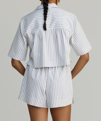 Grey Striped Cotton Tencel Cropped Bowling Shirt