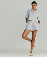 Grey Striped Cotton Tencel Cropped Bowling Shirt