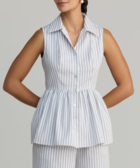 Grey Striped Cotton Tencel Tennis Top