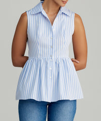 Blue Striped Cotton Tencel Tennis Top