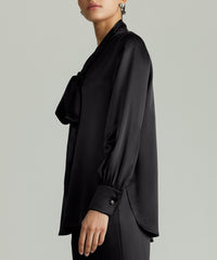 Black Silk Long-Sleeved Tie-Neck Top