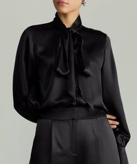 Black Silk Long-Sleeved Tie-Neck Top