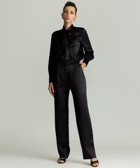 Black Silk Long-Sleeved Tie-Neck Top