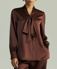 Espresso Silk Long-Sleeved Tie-Neck Top