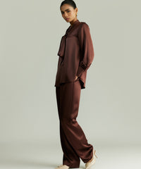 Espresso Silk Long-Sleeved Tie-Neck Top