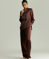 Espresso Silk Long-Sleeved Tie-Neck Top