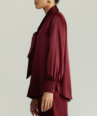 Burgundy Silk Long-Sleeved Tie-Neck Top