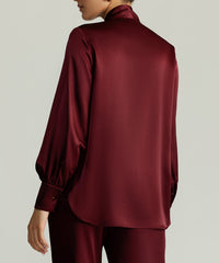 Burgundy Silk Long-Sleeved Tie-Neck Top