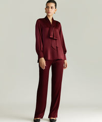 Burgundy Silk Long-Sleeved Tie-Neck Top