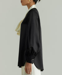 Black and Cream Silk Long-Sleeved Tie-Neck Top
