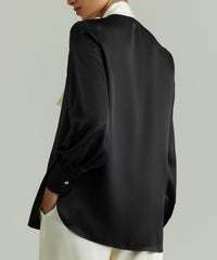 Black and Cream Silk Long-Sleeved Tie-Neck Top