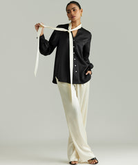 Black and Cream Silk Long-Sleeved Tie-Neck Top