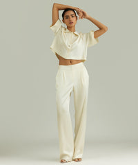 Cream Silk Pleated Trousers
