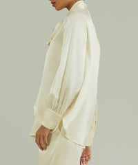 Cream Silk Long-Sleeved Tie-Neck Top