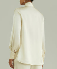 Cream Silk Long-Sleeved Tie-Neck Top