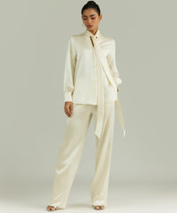 Cream Silk Long-Sleeved Tie-Neck Top