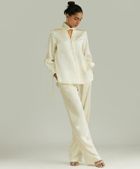 Cream Silk Long-Sleeved Tie-Neck Top