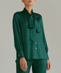 Emerald Silk Long-Sleeved Tie-Neck Top