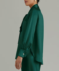 Emerald Silk Long-Sleeved Tie-Neck Top