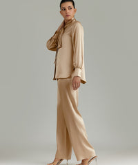 Champagne Silk Long-Sleeved Tie-Neck Top