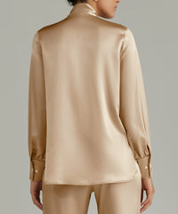 Champagne Silk Long-Sleeved Tie-Neck Top