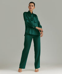 Emerald Silk Long-Sleeved Tie-Neck Top