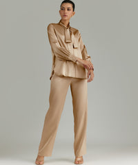 Champagne Silk Long-Sleeved Tie-Neck Top
