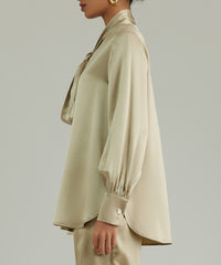 Olive Silk Long-Sleeved Tie-Neck Top