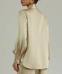 Olive Silk Long-Sleeved Tie-Neck Top