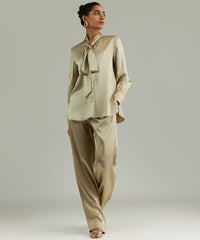 Olive Silk Long-Sleeved Tie-Neck Top
