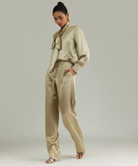 Olive Silk Pleated Trousers