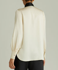 Cream and Black Silk Long-Sleeved Tie-Neck Top