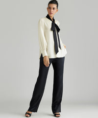 Cream and Black Silk Long-Sleeved Tie-Neck Top