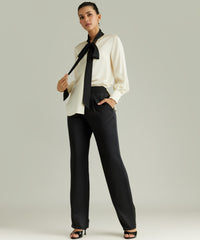 Cream and Black Silk Long-Sleeved Tie-Neck Top