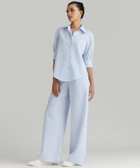 Blue Striped Cotton Tencel Short-sleeved Shirt