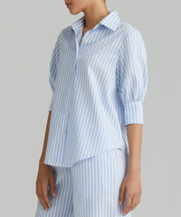 Blue Striped Cotton Tencel Short-sleeved Shirt