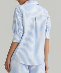 Blue Striped Cotton Tencel Short-sleeved Shirt