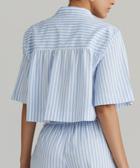 Blue Striped Cotton Tencel Cropped Bowling Shirt