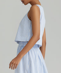 Blue Striped Cotton Tencel Cropped Sleeveless Top