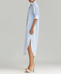 Blue Striped Cotton Tencel Long Shirt Dress