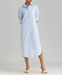 Blue Striped Cotton Tencel Long Shirt Dress