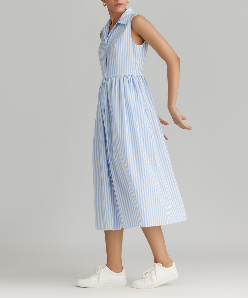 Blue Striped Cotton Tencel Long Tennis Dress