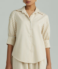 Gold Striped Cotton Tencel Short-sleeved Shirt