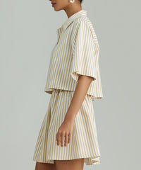 Gold Striped Cotton Tencel Cropped Bowling Shirt