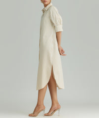 Gold Striped Cotton Tencel Long Shirt Dress